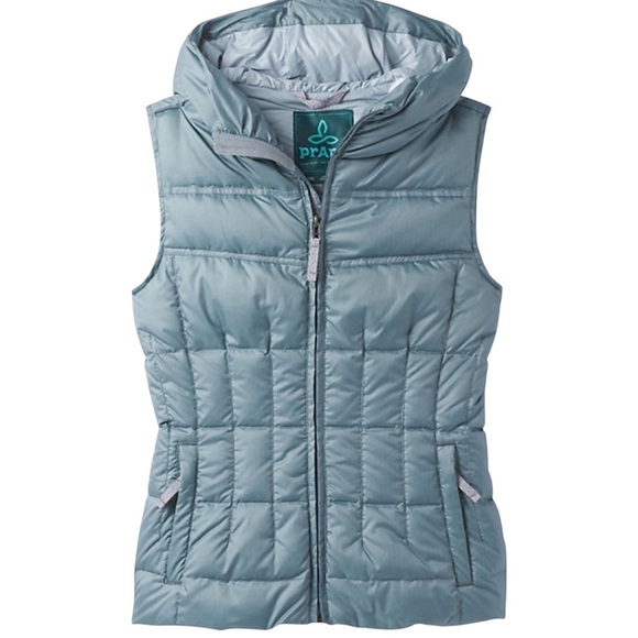 Prana Imogen Down Filled Hooded Puffer Vest Bayou Blue Herringbone Sz Medium - Picture 1 of 11